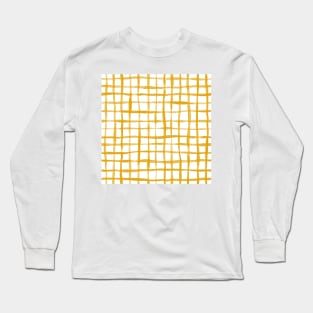 Loose Weave Hand Painted Check Pattern in Mustard Yellow and White Long Sleeve T-Shirt